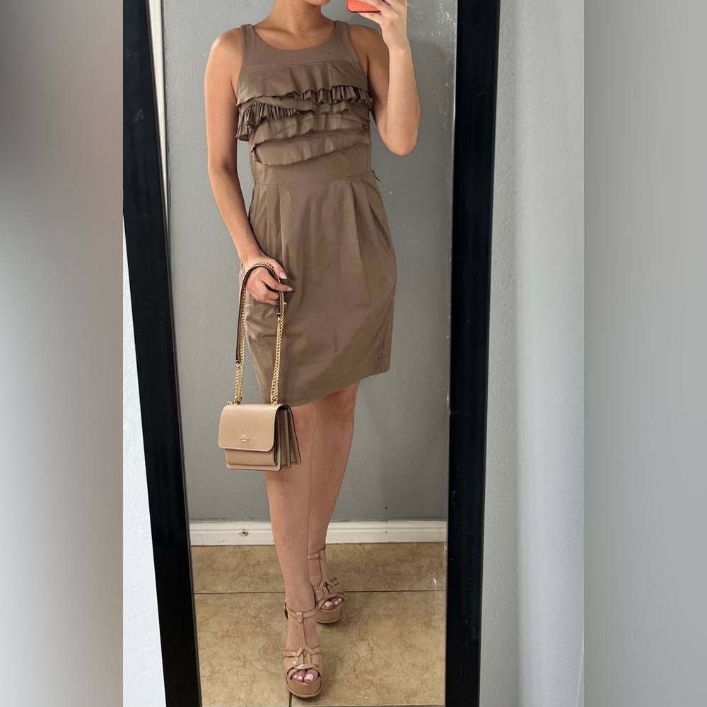 taupe ruffle structured sleeveless mini dress 6 | feminine workwear retro femme